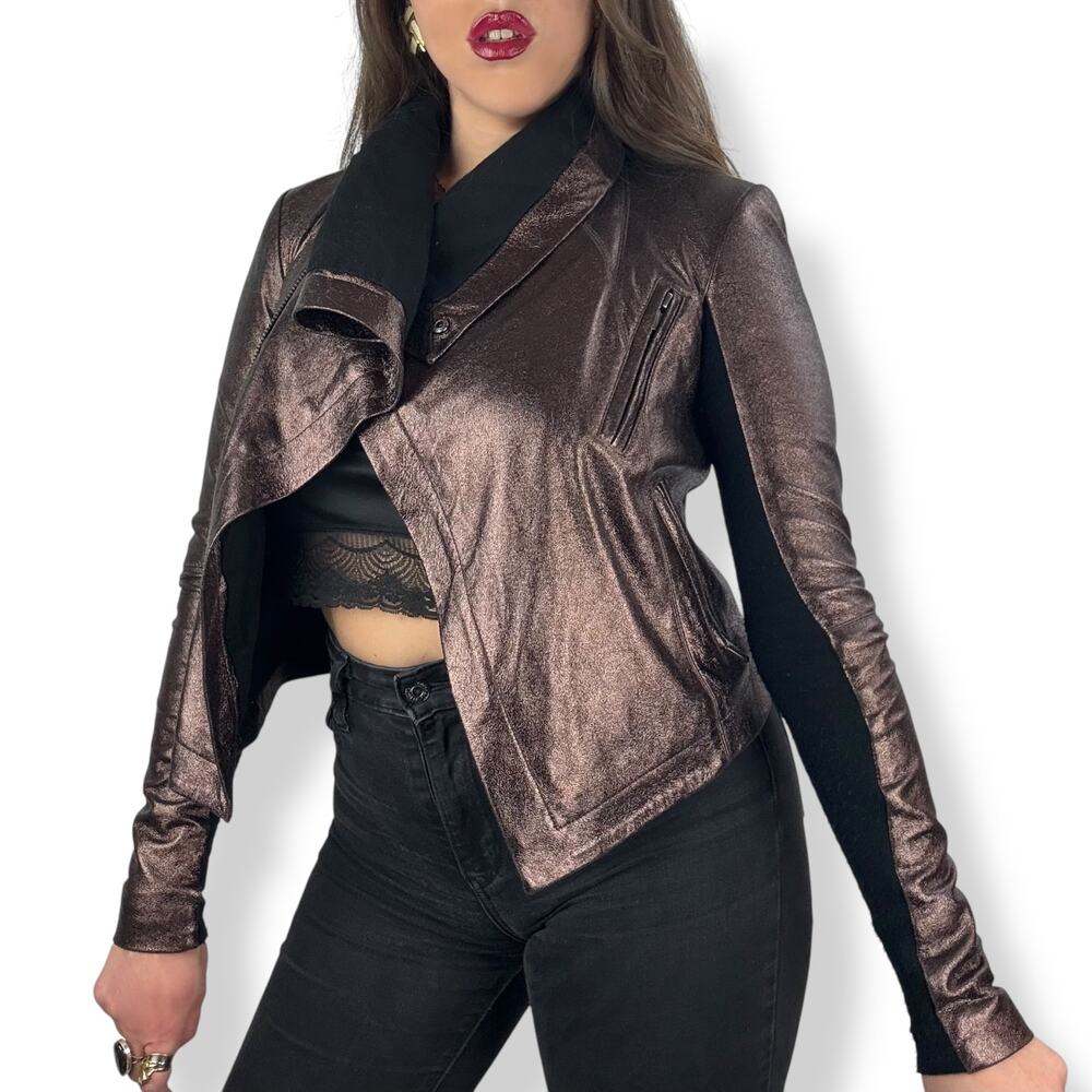 VEDA NYC metallic bronze lamb leather fitted cropped biker jacket - Picture 3 of 16